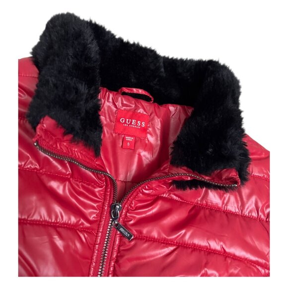 GUESS Red Designer Winter Puffer Parka Faux Fur Collar Jacket Coat Womens Small - Picture 2 of 6
